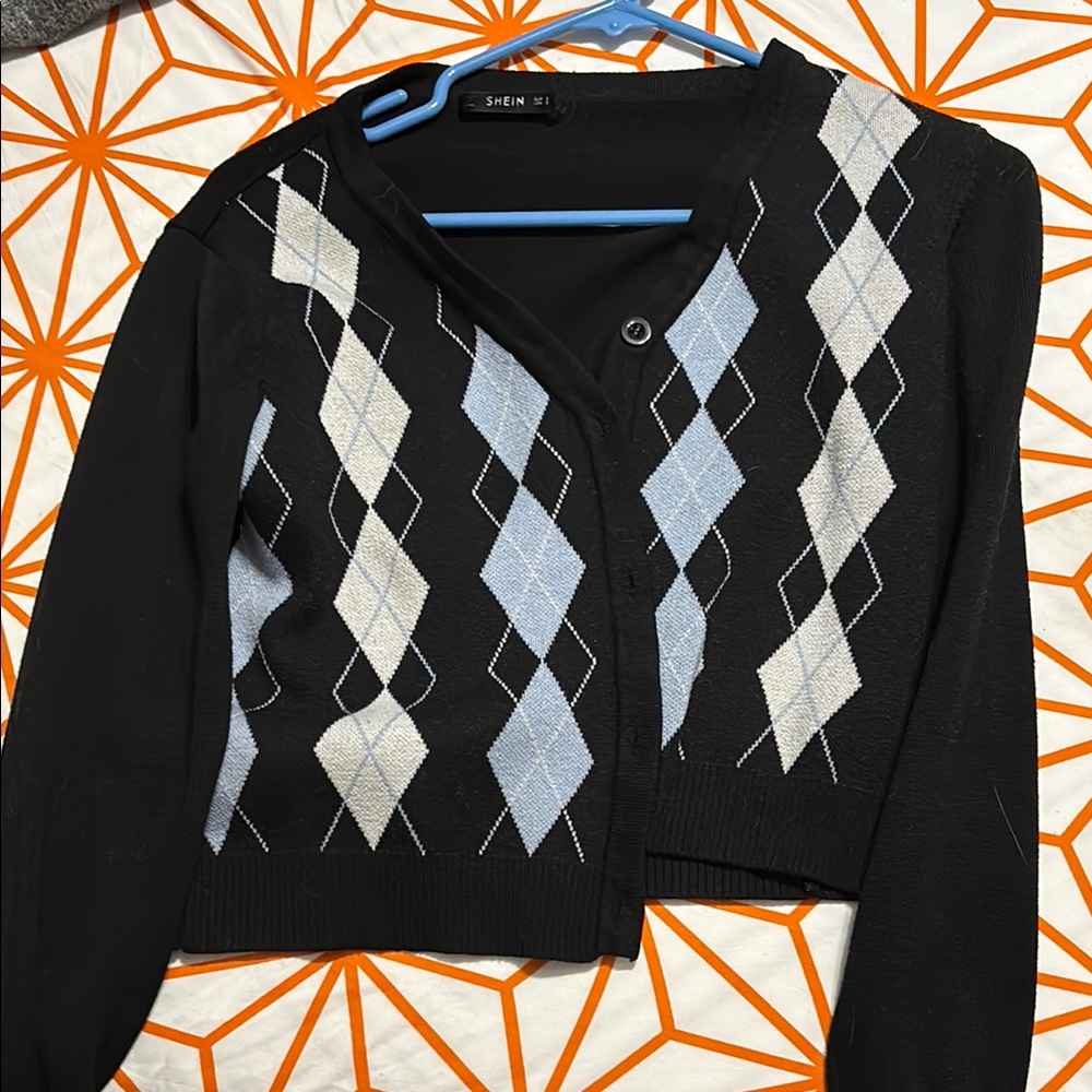 SHEIN Black and Cream Argyle Cardigan